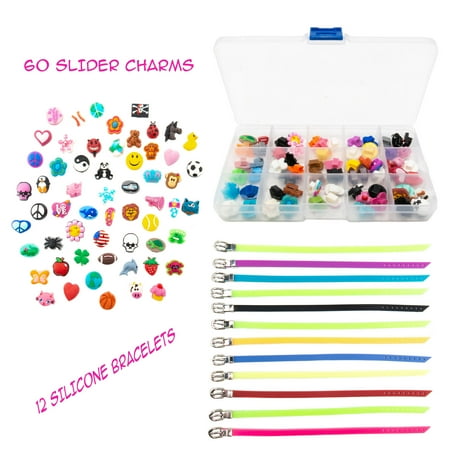 - FROG SAC 60 PCs Slider Charms and 12 PCs Adjustable Silicone Belt Bracelets/Wristbands Kit, Assorted Colors, Great for DIY, Jewelry Making, Personalized Kids Birthday Party Favors