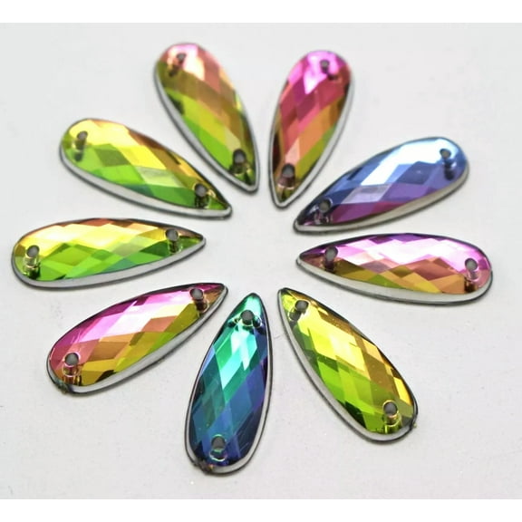 U8MO 100 Rainbow AB Flatback Acrylic Long Teardrop Sewing Rhinestone Beads 8X22mm