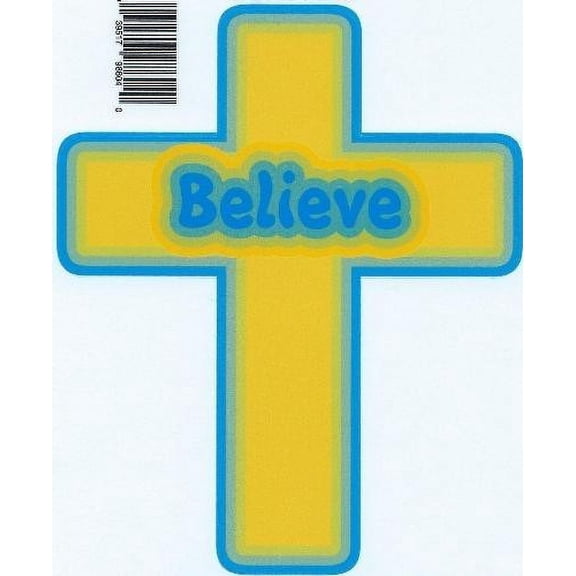 4.75 inx 5.75in Gold Blue Believe Cross Bumper Sticker Decal Car Stickers Decals
