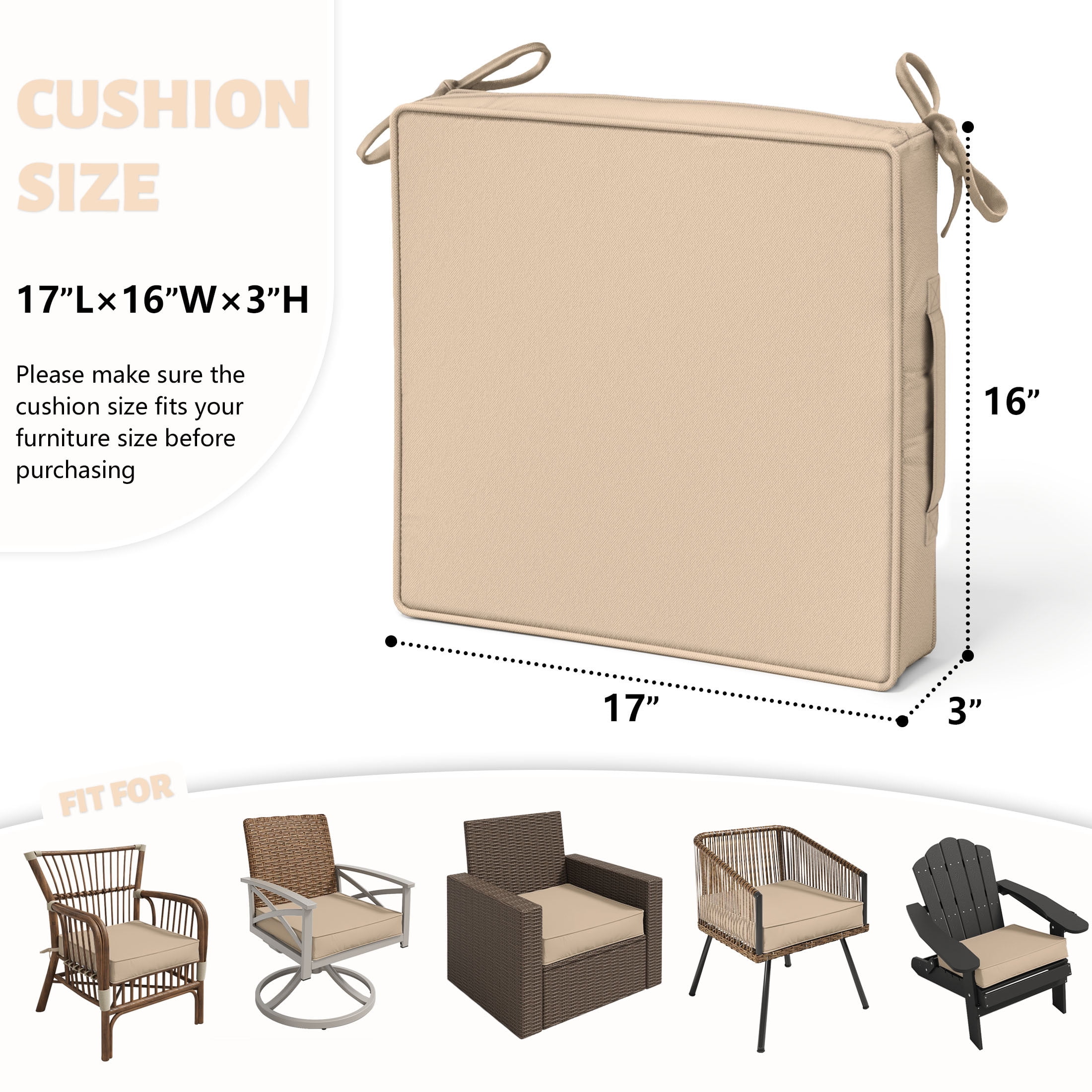 Kimunuk 4 Pack Outdoor Chair Cushions, 17" x 16" Waterproof Outdoor Seat Cushions Couch Pads with Ties & Handle for Patio Furniture, Sand