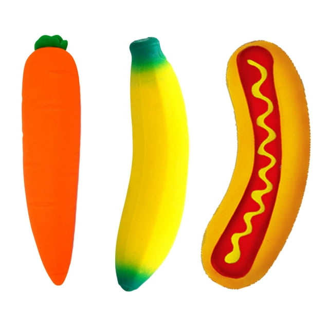 Paquete de 3 Juguetes Estirables Squishy Yum: Plátano, Zanahoria y Hot Dog