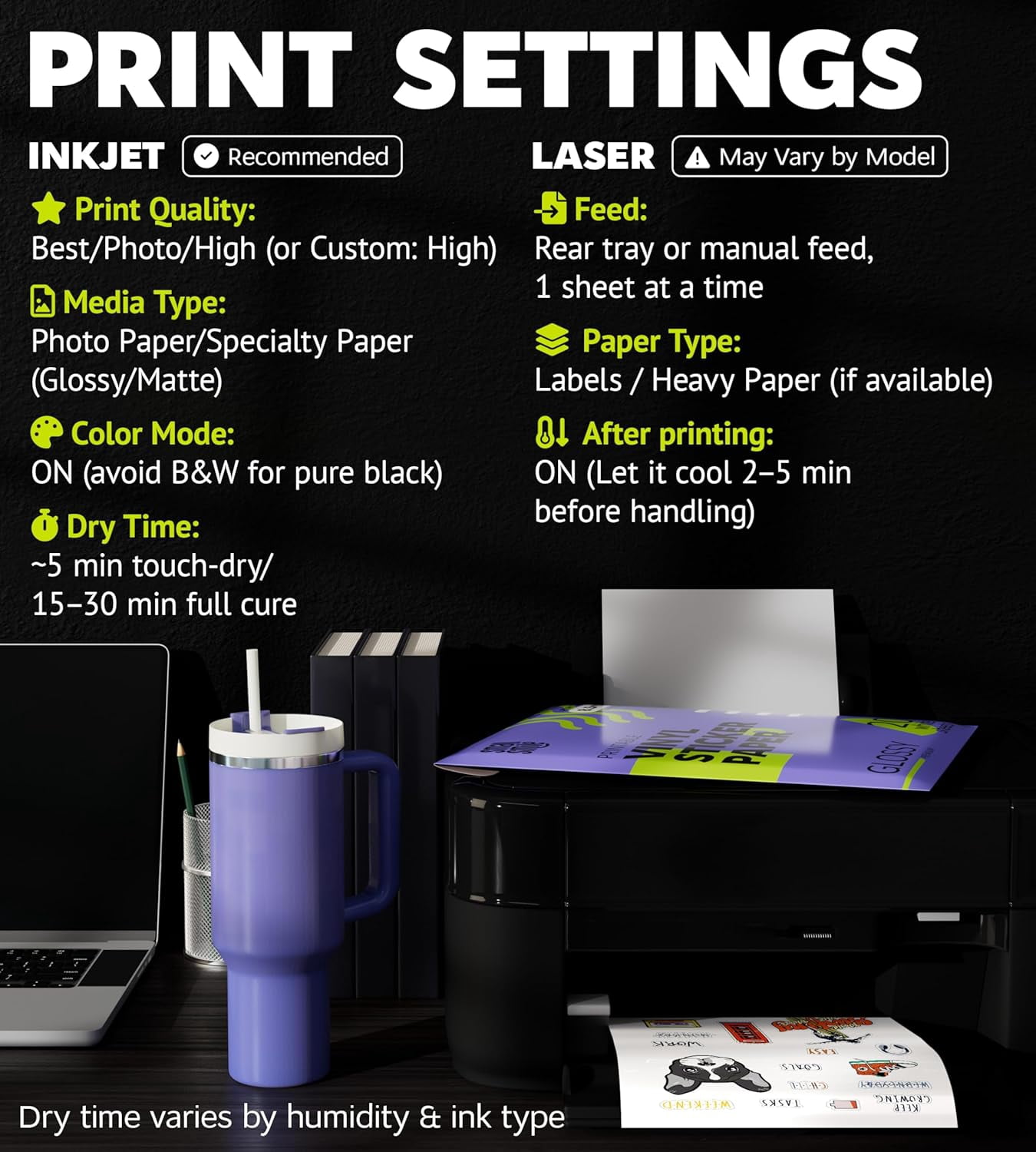 20 Sheets 8.5×11 Glossy Printable Vinyl Sticker Paper, Waterproof Fast Dry Adhesive Paper for Inkjet & Laser Printers, Compatible with Cutting Machines