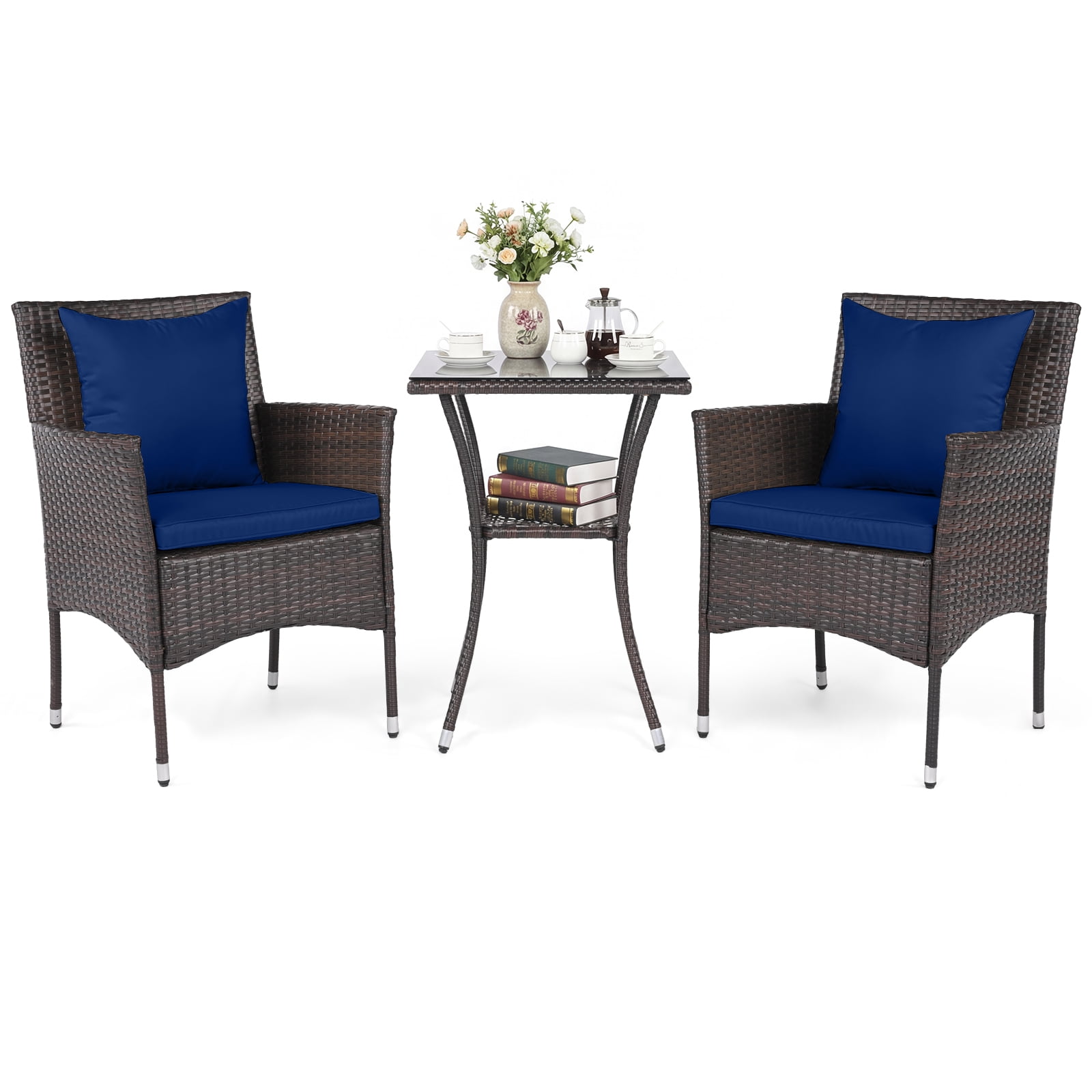 Costway 3PCS Patio Wicker Bistro Set, 2 Rattan Chairs with Double-Tier Tempered Glass Table Mix Brown+Blue