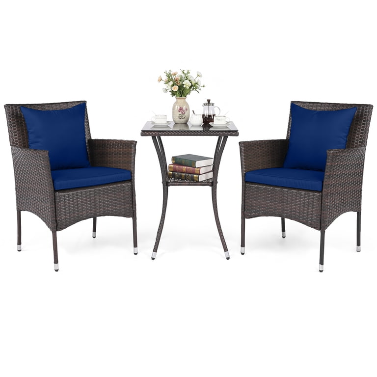 Costway 3-Piece Wicker Bistro Set, Brown and Blue photo 2
