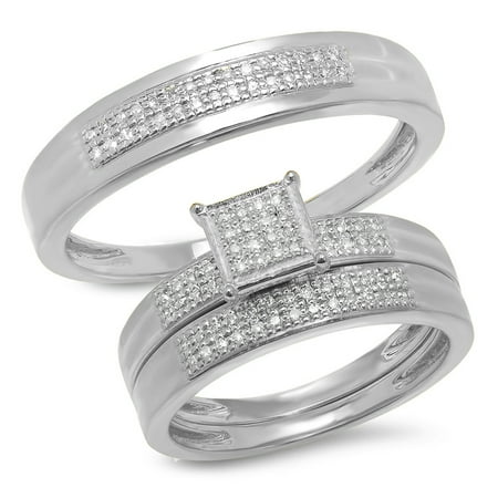 Dazzlingrock Collection 0.25 Carat (ctw) 10K White Diamond Men's & Women's Micro Pave Engagement Ring Trio Bridal Set, White Gold
