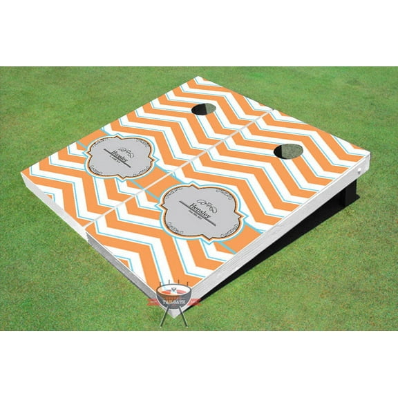 Chevron Pattern Wedding Orange Themed Cornhole Boards