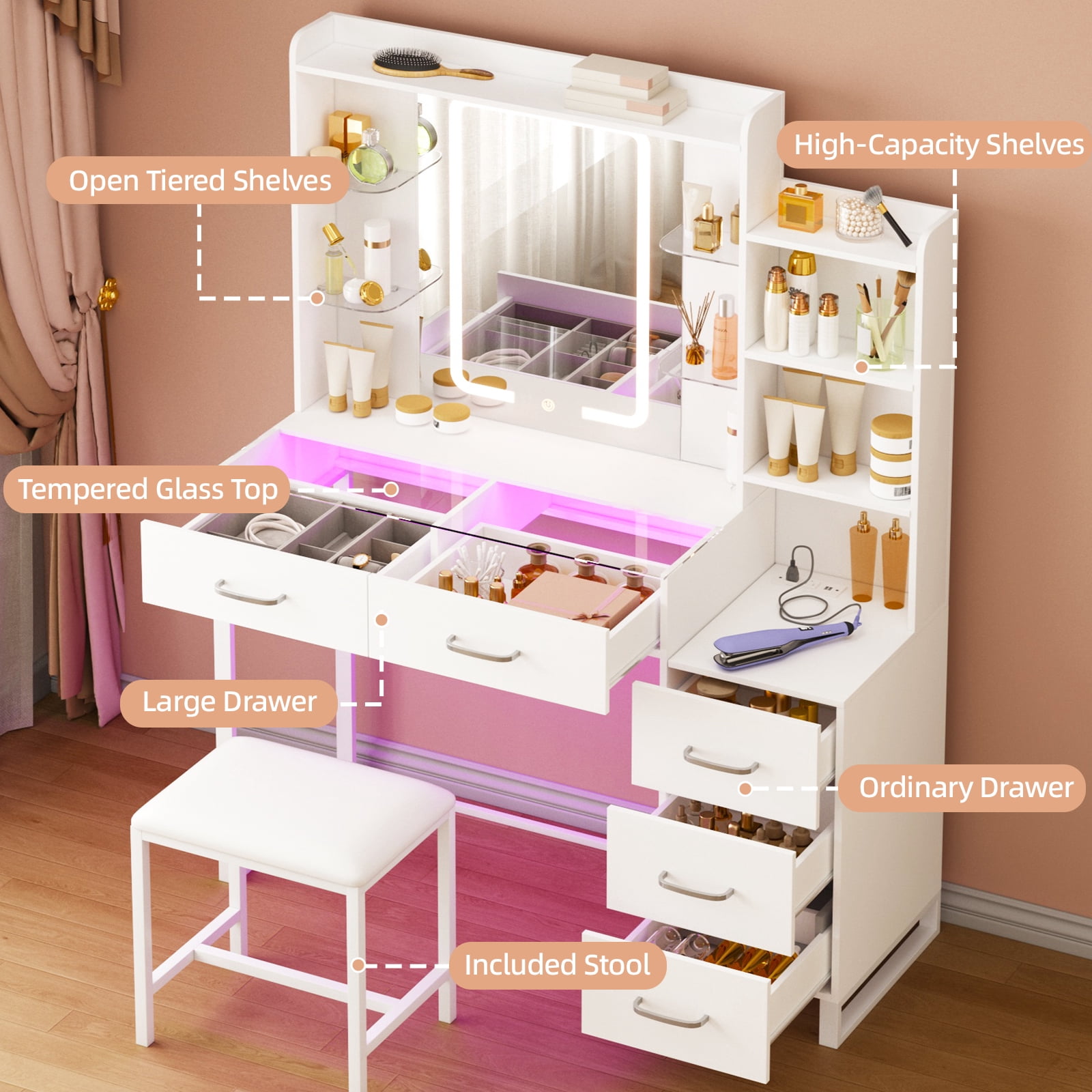 Tomnk 43" Vanity Desk with Stool, LED Mirror, Glass Top and RGB Drawers, White