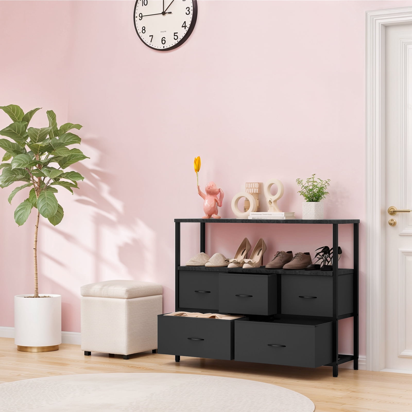 Small TV Stand, Black Dresser TV Stand for Bedroom, Entertainment Center for 45 Inch TV with Drawers, Fabric, Adjustable Feet, Living Room