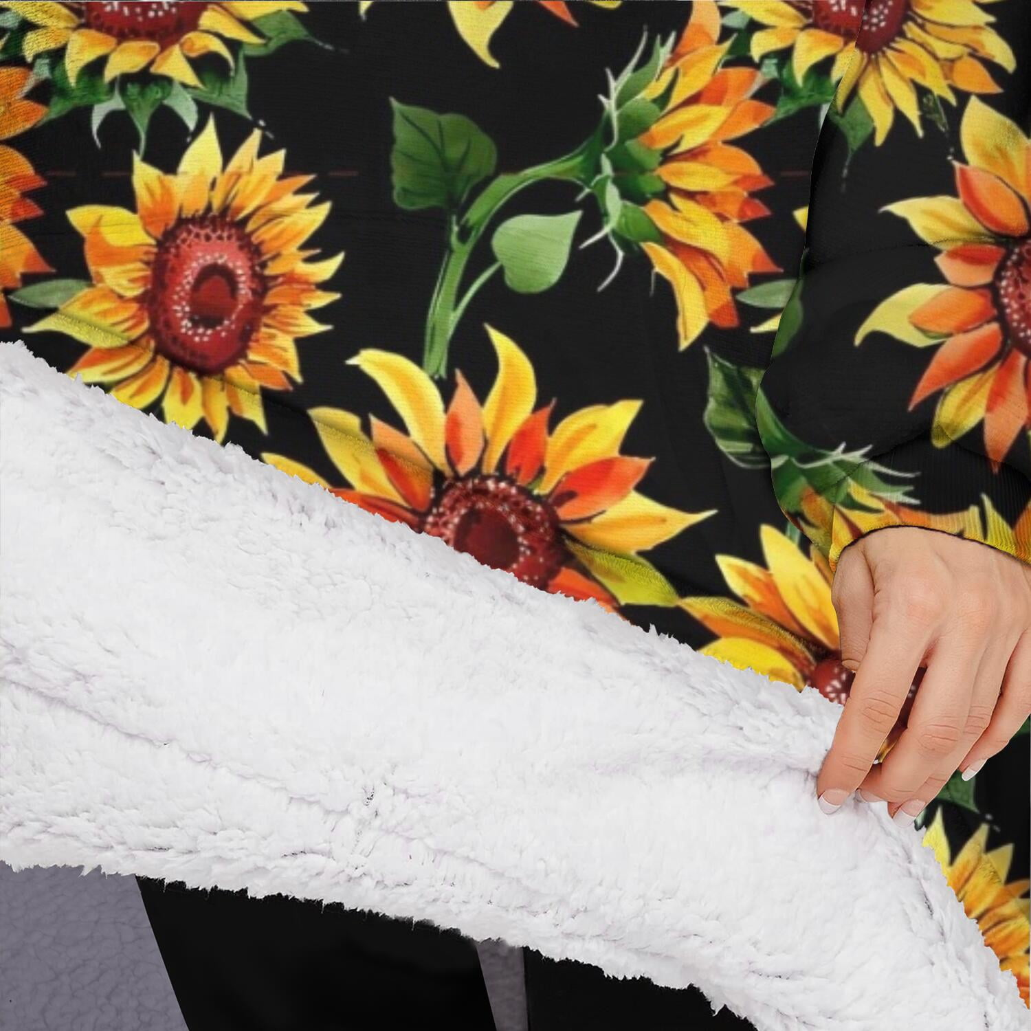Oversized Wearable Blanket Hoodie,Black Orange Sunflower Pattern Sherpa Blanket Hoodie with Super Pockets,Super Warm Fuzzy Pullover for Women & Men
