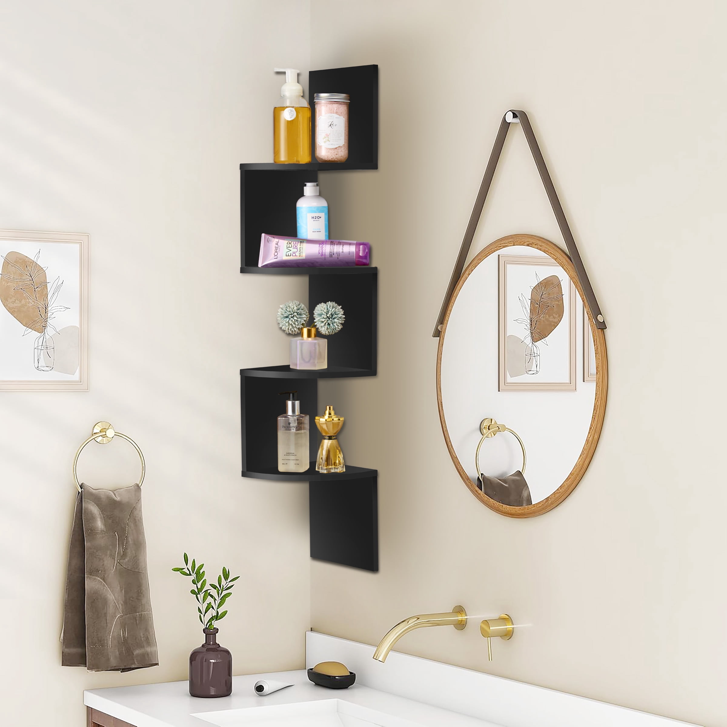 Sorbus 5-Tier Floating Corner Wall Shelf, Zigzag Bookshelf, Space-Saving Storage, Black