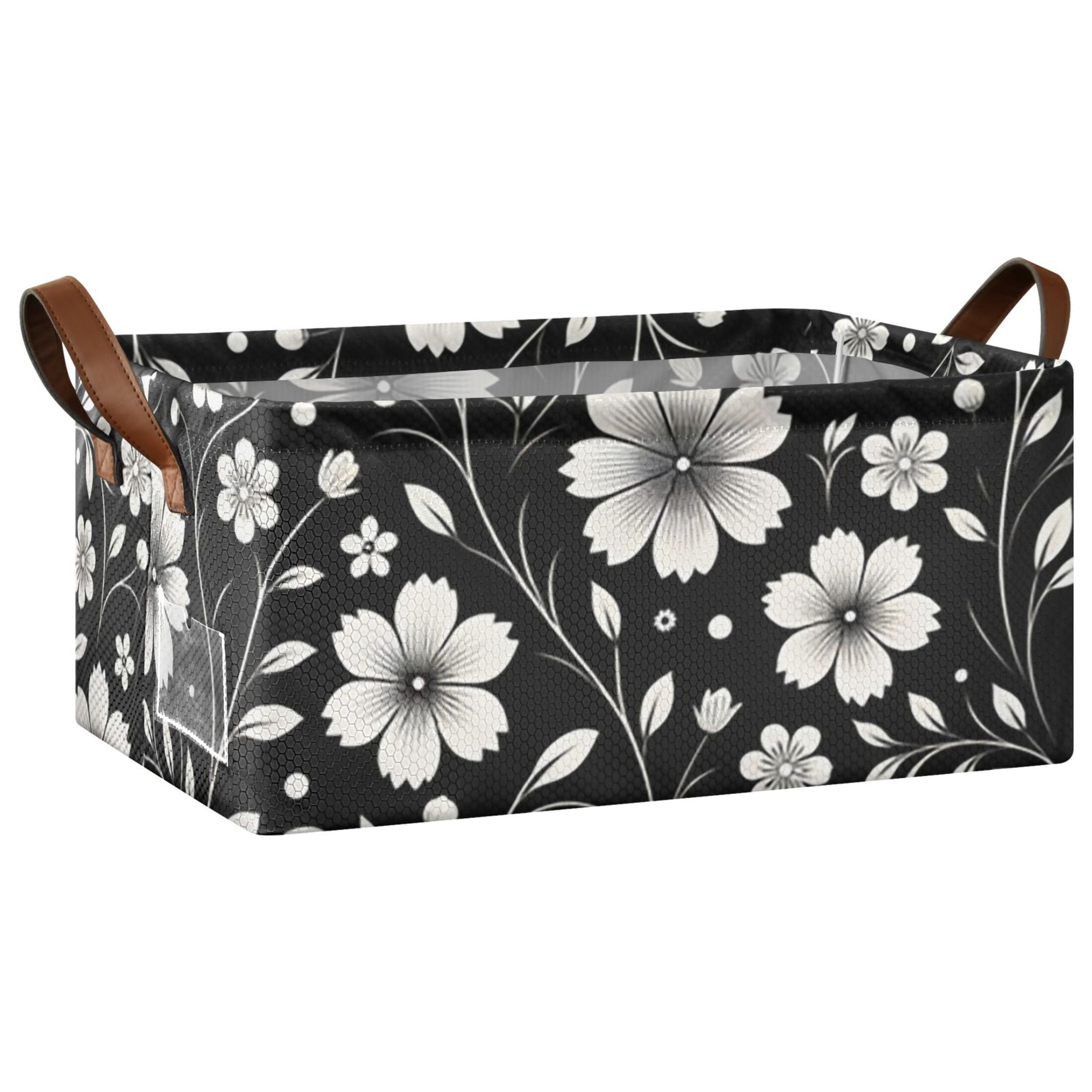 Retro White and Black Flowers Storage Bins with Handles Foldable Storage Baskets for Shelves Organizer Cloth Baskets