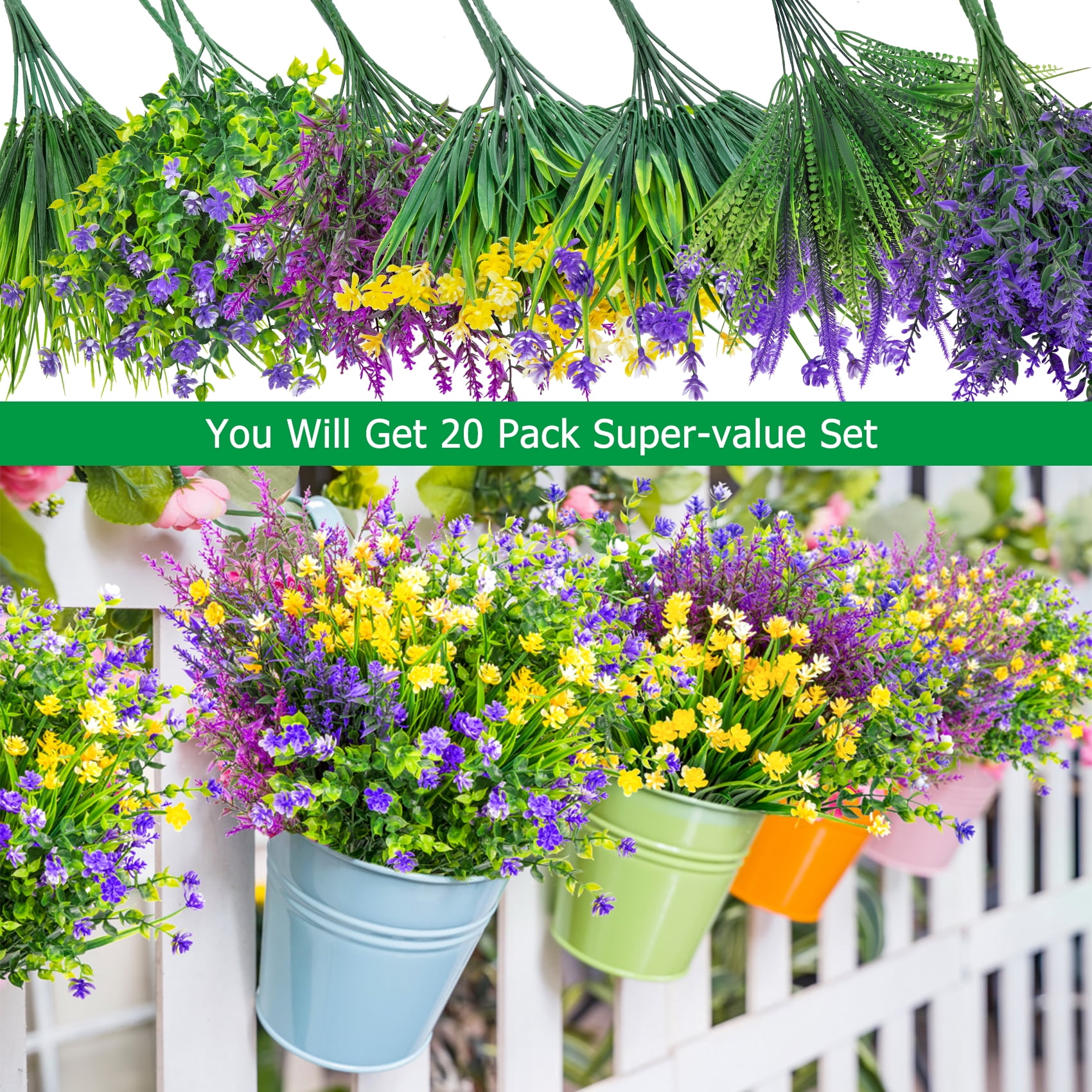 KUNPENG 20 Bundles Artificial Greenery Fake Plants for Outdoor, UV Resistant Faux Boxwood Shrubs for Window Box Porch Garden Decor, Indoor Outdoor Plastic Grass Stems for Home Office Decoration