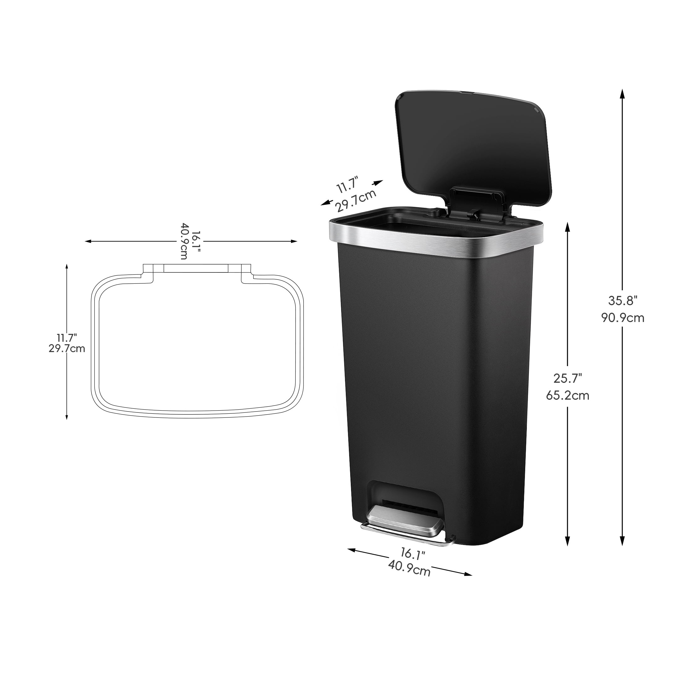 Better Homes & Gardens Kitchen Trash Can, 11.9 Gallon Plastic Step Garbage Bin with Soft Close Lid, Black