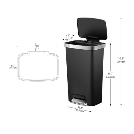 BETTER HOMES & GARDENS KITCHEN TRASH CAN, 11.9 GALLON PLASTIC STEP GARBAGE BIN WITH SOFT CLOSE LID, BLACK