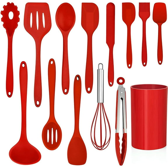 Walchoice 14 Pcs Cooking Utensils Set with Holder, Heat Resistant Silicone Kitchen Cookware Utensils Set, Kitchen Cooking Tools Includes Spatula Spoon Turner Whisk Tong, Dishwasher safe, Red