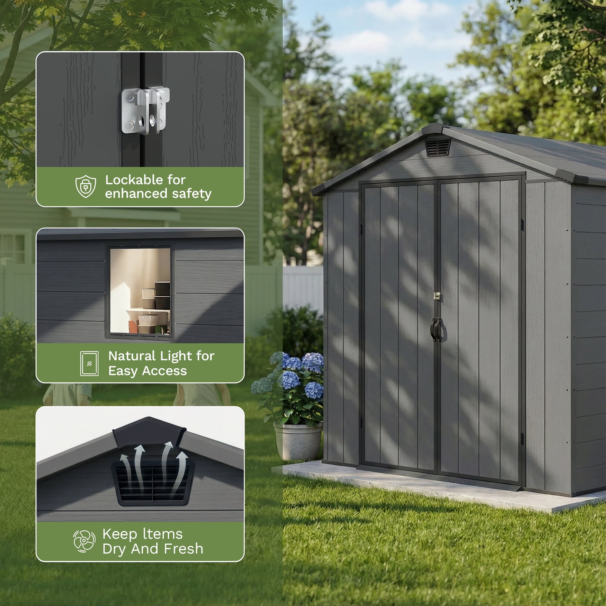 Homall6x10ft Outdoor Plastic Storage Shed with Window,Weather-Resistant, Easy Assembly, Wood-Effect Garden Tool House,Dark Gray