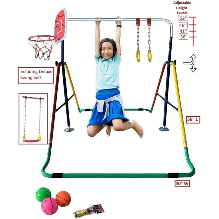 Expandable Gymnastics Bar 4 in 1 Set Swing Seat 2 Trapeze Rings