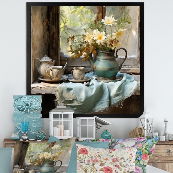 Designart "Antique Floral Window Charm in Yellow and Green" Farm Framed Wall Art Decor - Country Yellow Farm Windows Entryway Framed Wall Art Print