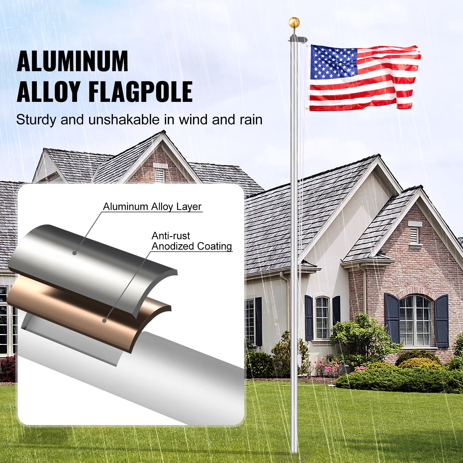 KFFKFF 25FT Modular Flagpole Kit, Durable Aluminum Outdoor Flagpoles, 3 Configuration Options with 3x5 US Flag, Quality Accessories, Silver