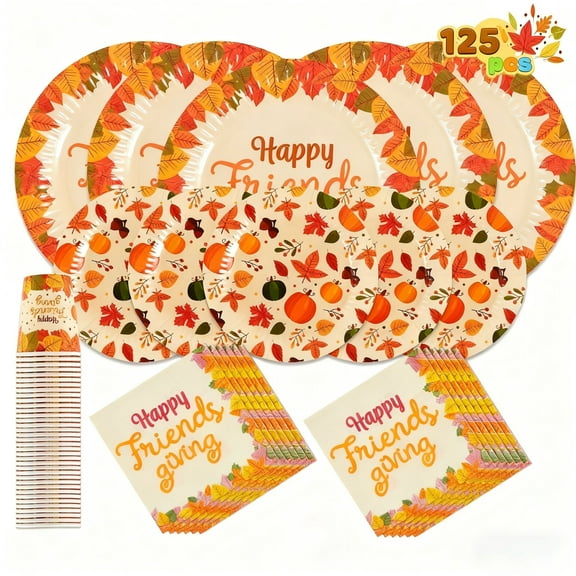 Joyfy 125 Pcs Thanksgiving Disposable Dinnerware Set Serves 25 Guests,Paper Plates and Napkins Sets,Thanksgiving Harvest Festival Party Supplies