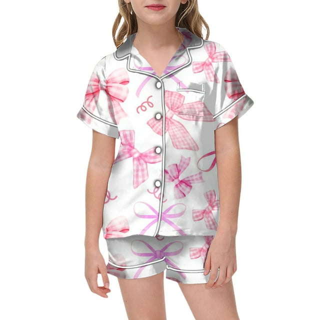 Pyjama en Satin à Imprimé, Manches Courtes, Boutonné, Ensemble de Vêtements d'Intérieur, Ensemble de Pyjama Classique, Jolis Pyjamas pour Filles Garçons, Mode Filles