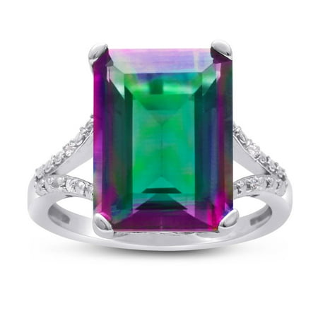 10ct Emerald Shape Rainbow Amethyst and Diamond Ring In Sterling Silver