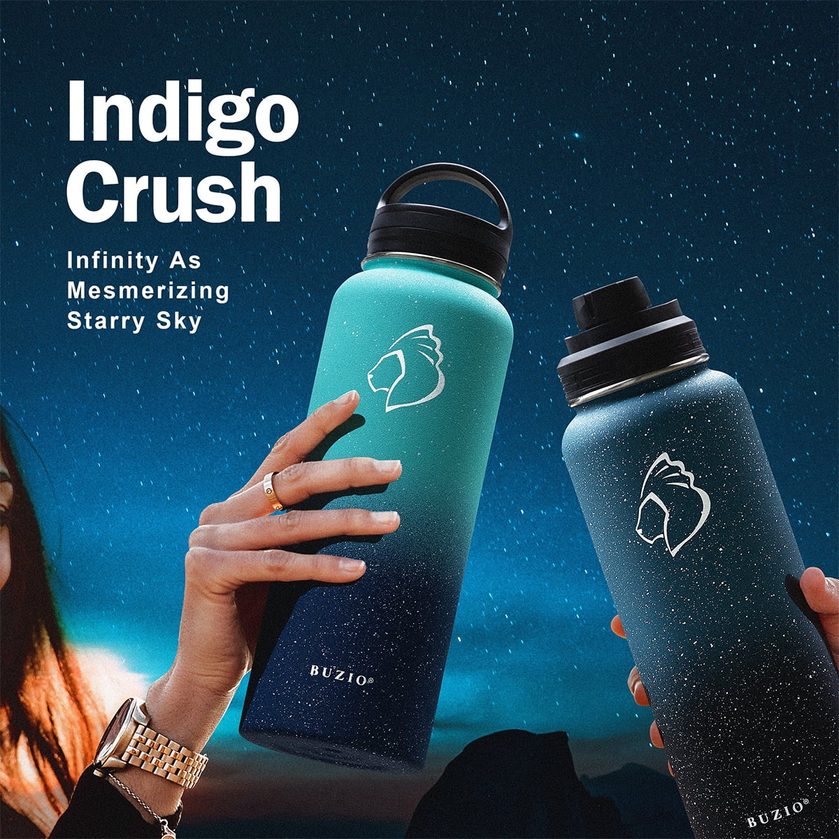 Buzio 40 oz Insulated Water Bottle with Straw & 3 Lids, Half Gallon Water Bottle Stainless Steel with Carrying Strap for Gym Sports Outdoor Hiking, Starry Pacific