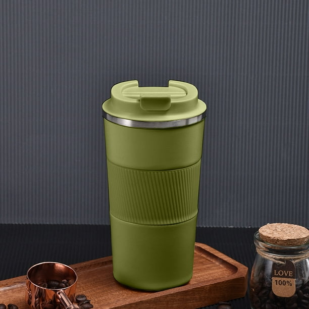 Taza de viaje de acero inoxidable con cubierta de cuero, taza de café aislada de 15 oz, tapa abatible a prueba de fugas, 12 horas caliente/fría, vaso de negocios portátil para hombres y mujeres