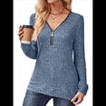 thumbnail image 1 of Suéter Holgado de Punto Acanalado con Cuello de Media Cremallera para Mujer, Blusas Casuales de Larga de Color Liso, Blusas Cómodas y Cálidas Azul XL, 1 of 9