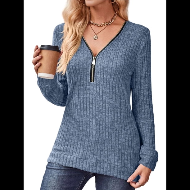 Suéter Holgado de Punto Acanalado con Cuello de Media Cremallera para Mujer, Blusas Casuales de Larga de Color Liso, Blusas Cómodas y Cálidas Azul L