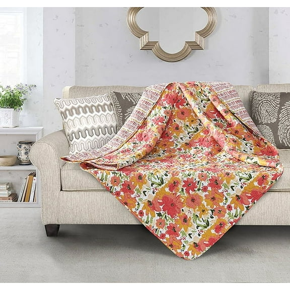 Virah Bella Coral Crush Floral Quilted Throw Blanket, Reversible 50" x 60"