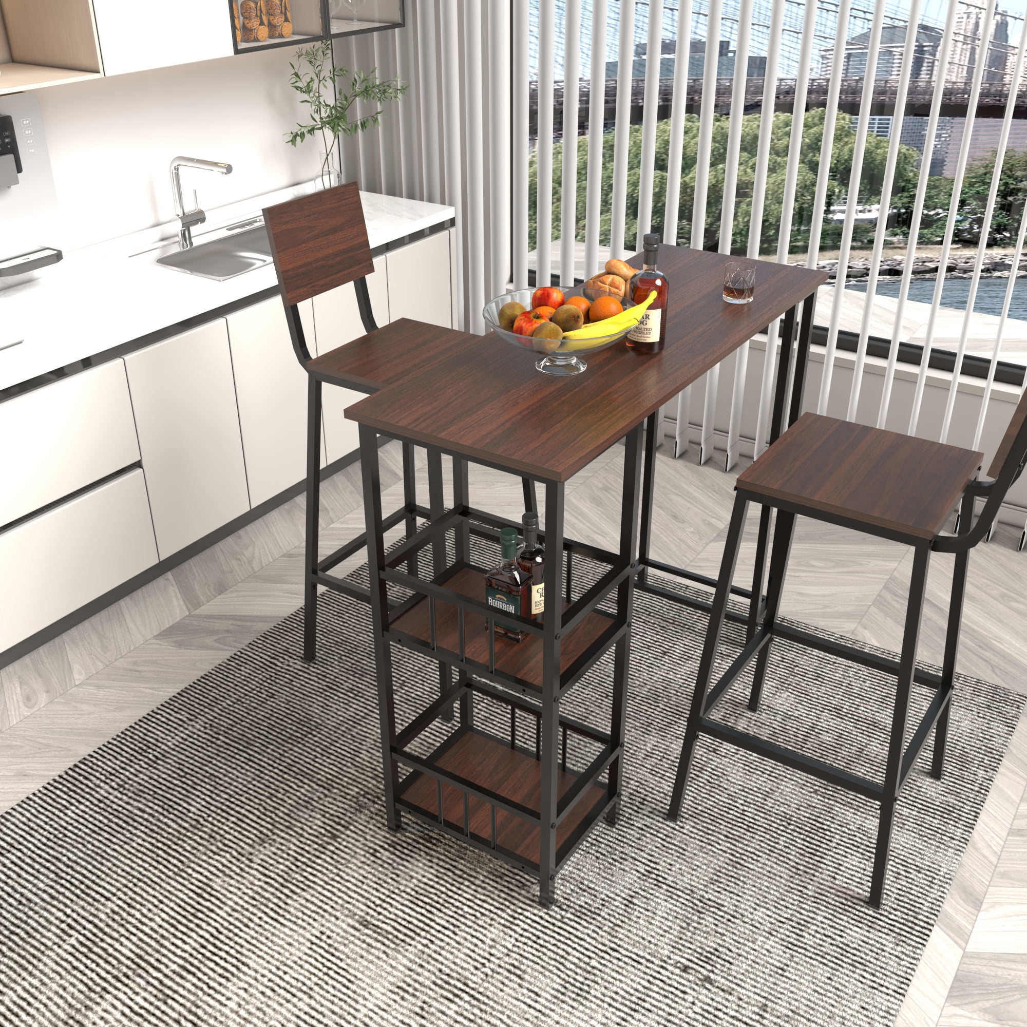 HOQBN 3 Piece Counter Height Bar Table Set,Rectangular Pub High Table with 2 Backrest Bar Stools and 3-Tier Side Storage Shelves,Industrial Wood Grain Bar Furniture for Balcony Kitchen Small Home Bar