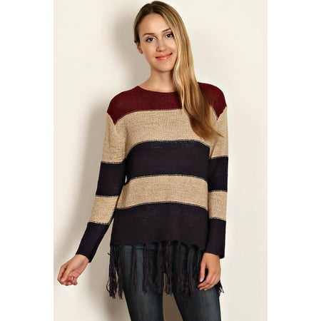 Multi Print Sweater - Womens Navy Tan Stripe Fringe Tunic Sweater Small