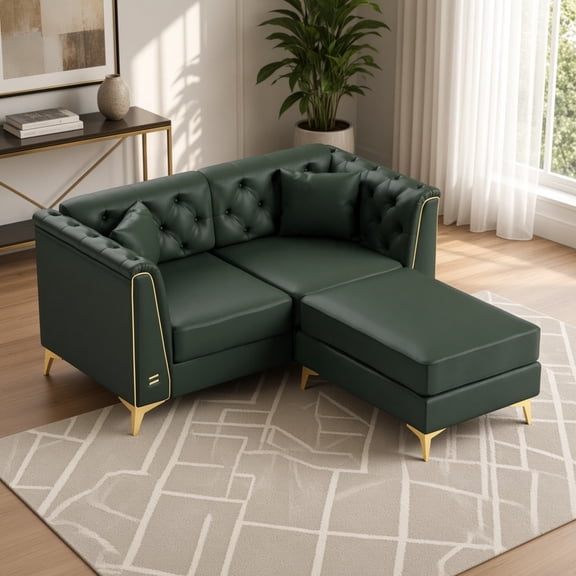 Chesterfield Loveseat with Ottoman, Faux Leather Button Tufted Sofa, Metal Trim Arms & Thin Legs, 2 Pillows, for Living Room Apartment, Green