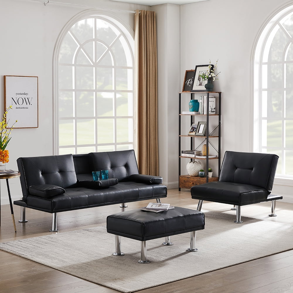 Kepooman 3-Piece Modern Faux Leather Convertible Futon Sofa Set with 2 Cup Holders & Single Sofa & Ottoman, Black