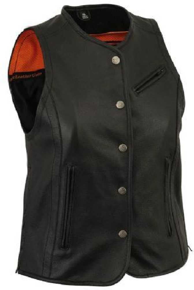 First MFG Women's Extra Length Strength Snap Front Black Leather Vest FIL570CSL 