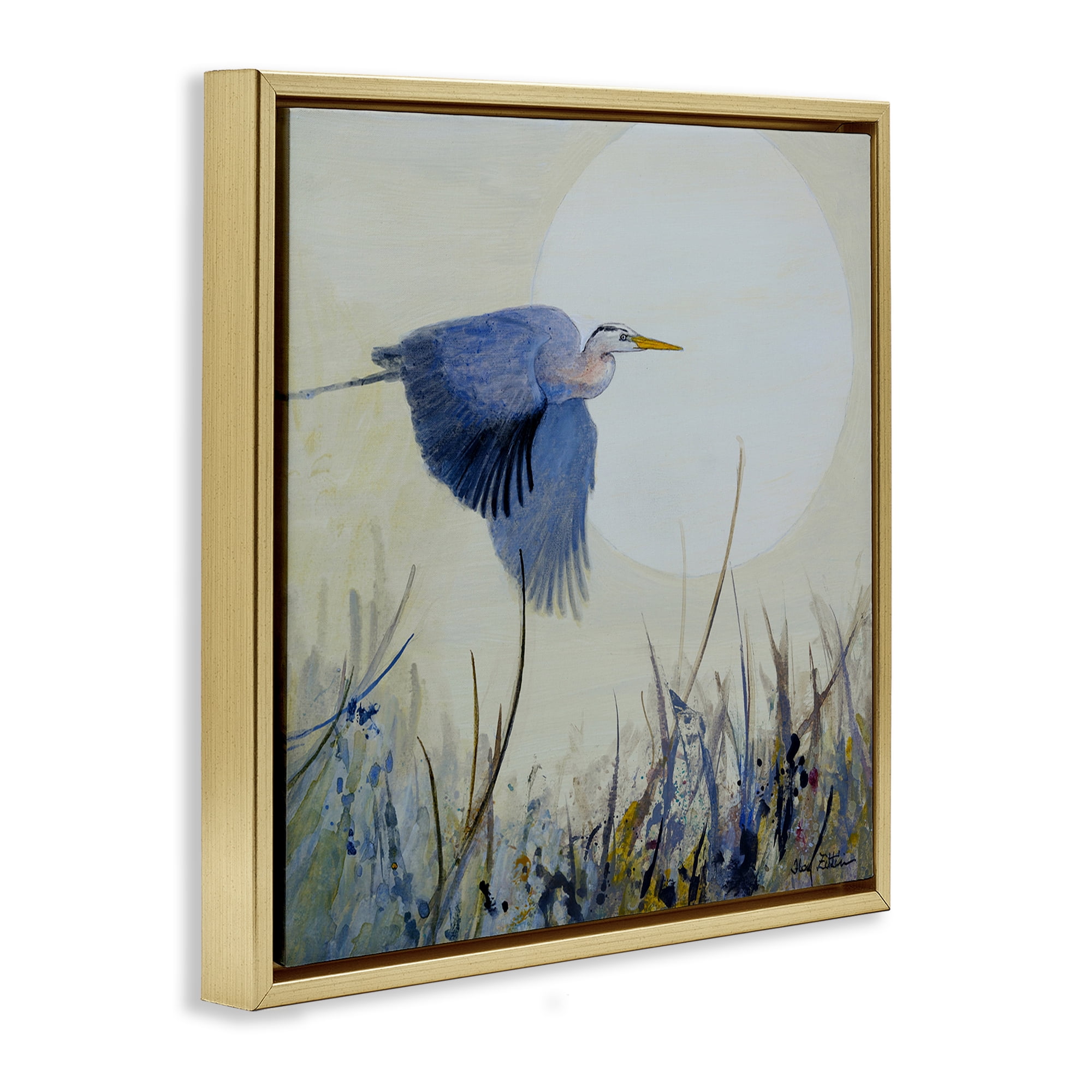 Stupell Industries Full Moon & Heron Birds Painting Gold Floater Framed Canvas Art Print Wall Art, 25 x 25
