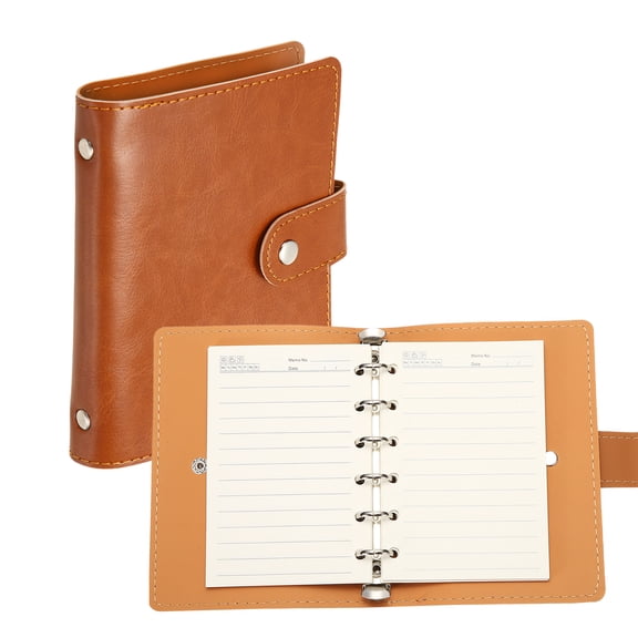 Uxcell 6 Ring Leather Binder Cover, A7 Pocket Travel Notebook Binder with Divider, Brown, Mini Refillable Loose Leaf Personal Planner with 60 Sheets Horizontal Line Paper for Meeting