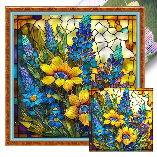 Bordado Algodón Punto Cruz Girasol Con Vitral 14CT 40x40cm
