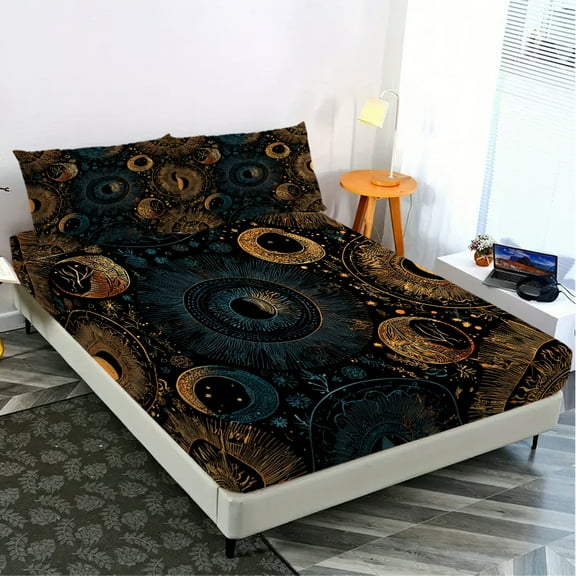 3-Piece Galactic Tree of Life Print Bed Sheet Set - Ultra Soft Fitted Sheet & Pillowcases, Floral Bedding Collection for Girls, Teens and Adults