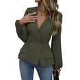 thumbnail image 2 of Women Dressy Long Sleeve Blouses,Wrap Peplum Work Shirts V Neck Business Tops Elegant Fall Outfits Green L, 2 of 9