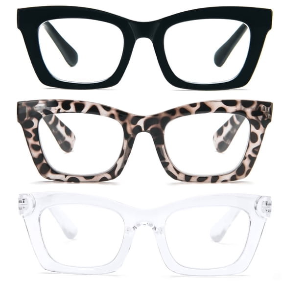 REAVEE 3 Pack Reading Glasses for Women, Oprah Style Trendy Cute Square Readers with Spring Hinge Black Clear Leopard Clear 1.75