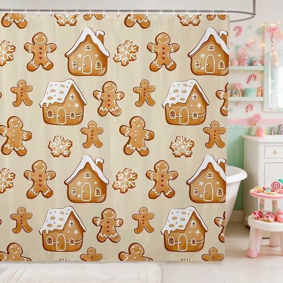 Manfei Gingerbread Waterproof Shower Curtain 72Wx72L Christmas Bathroom Curtain, Green White