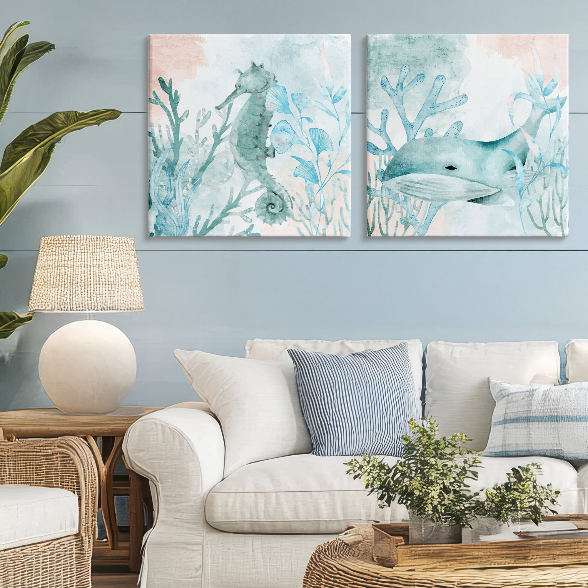 Stupell Industries Whale & Seahorse Sea Swim 2 Piece Canvas Wall Art Set, design by Kim Allen