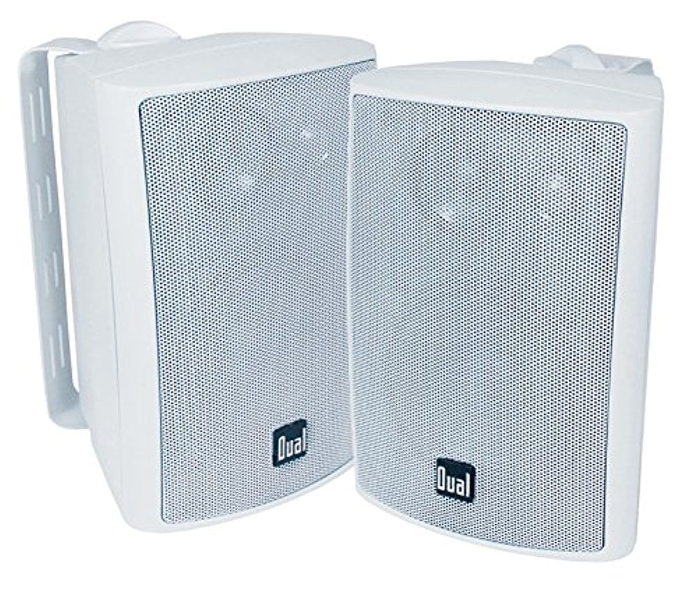 4x Dual Electronics LU47PW 4 Inch 100-Watt 3-Way Indoor / Outdoor High Performance Bookshelf Studio Monitor White Speakers w/ Swivel Brackets, Enrock 16-G 50 Ft Audio Speaker Wire