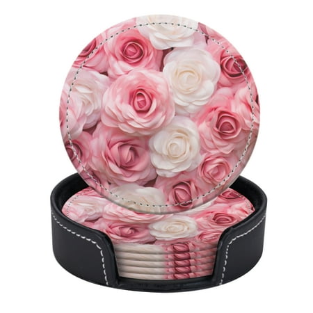 

PU Leather Coasters for Drinks Bar Beer Set of 6 with Holder Round Housewarming Gift Pink Rose Wall Backdrop
