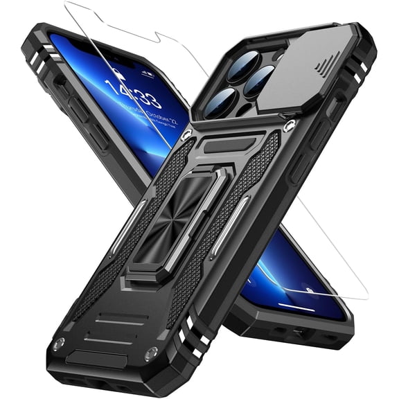 for iPhone 13 Pro Max Case with Screen Protector,Sliding Camera Cover,-Grade Cover with Stand Phone Case 6.7" Black
