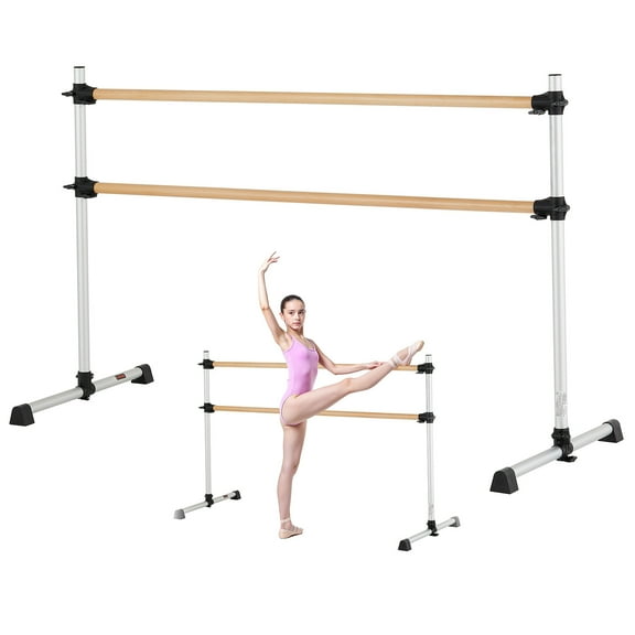 VEVOR Ballet Barre, 6 Ft Double Beechwood Barre Bar for Home, Freestanding Portable Ballet Stretching Dance Bars, Height Adjustable Anti-Wobble Fitness Gym Equipment, for Pilates Balance Workout