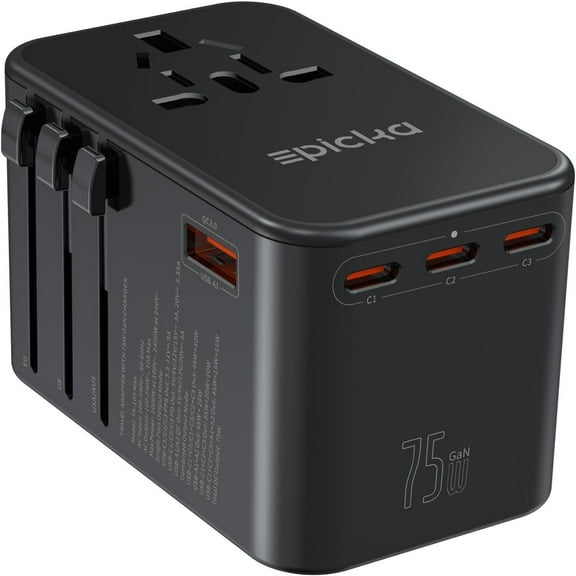 EPICKA Universal Travel Adapter, GaN 75W International Plug Adapter with 3 USB-C & 2 USB-A, All-in-one Wall Charger for EU UK AUS USA (TA-105M)
