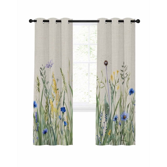 Navy Flower Blackout Curtains for Bedroom Living Room, Blue-green Leaf Watercolor Vintage Linen 63 In Long Thermal Insulated Room Darkening Drapes Grommet Window Treatments, 52 x 63 In